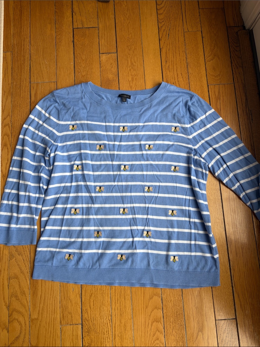 Talbots Light Blue and White Striped Crewneck Sweater with Bee Embroidery